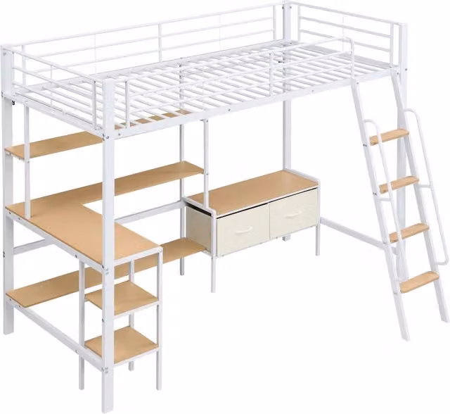 Letto a soppalco 90×200 cm singolo con scrivania, mensola e 2 contenitori, senza materasso, metallo e MDF bianco naturale