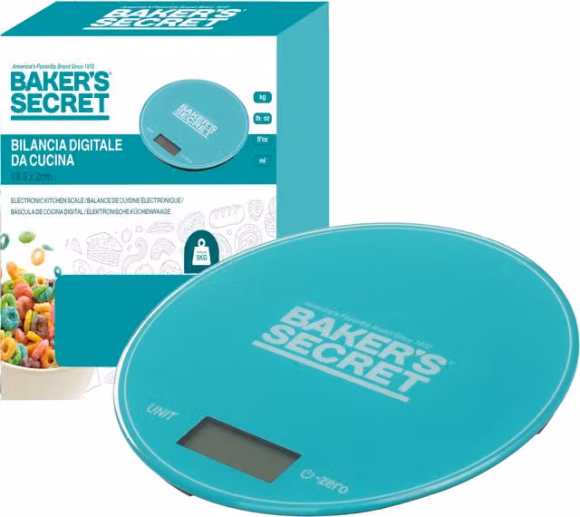 Bilancia da cucina digitale Baker's Secret azzurra con funzione tara e conversione unità
