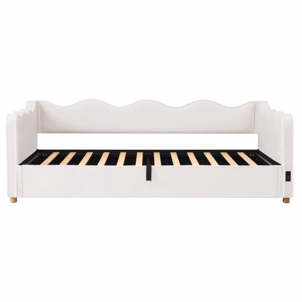 Letto contenitore imbottito Minimal in velluto beige con contenitore a sistema idraulico L/P/H: 90 x 200 x 102,5 cm – 2