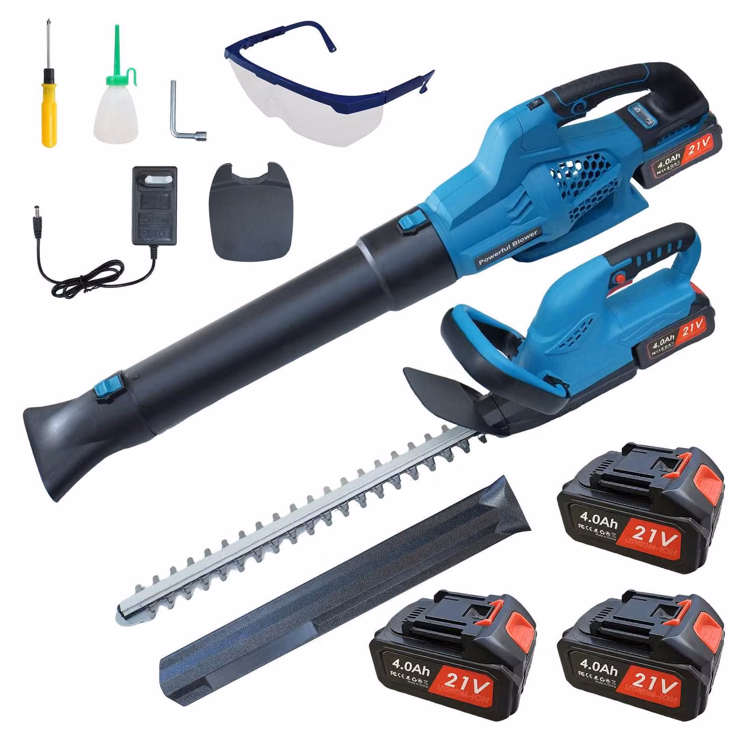 Set di tagliasiepi e soffiatore a batteria Zimilo da 21V, motore brushless da 650W, lama di 52 cm, soffiatore a 6 velocità con batteria da 2000mAh