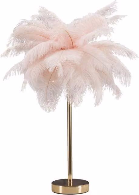 Lampada da tavolo Palm Vikasa Home rosa con struttura in metallo dorato e piume di struzzo