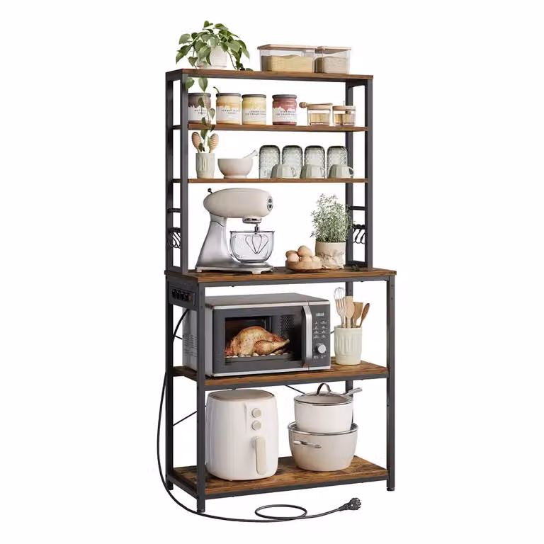 Scaffale da Cucina con Ciabatta Ganci per Forno a Microonde, Marrone Vintage + Nero Inchiostro / 80L cm
