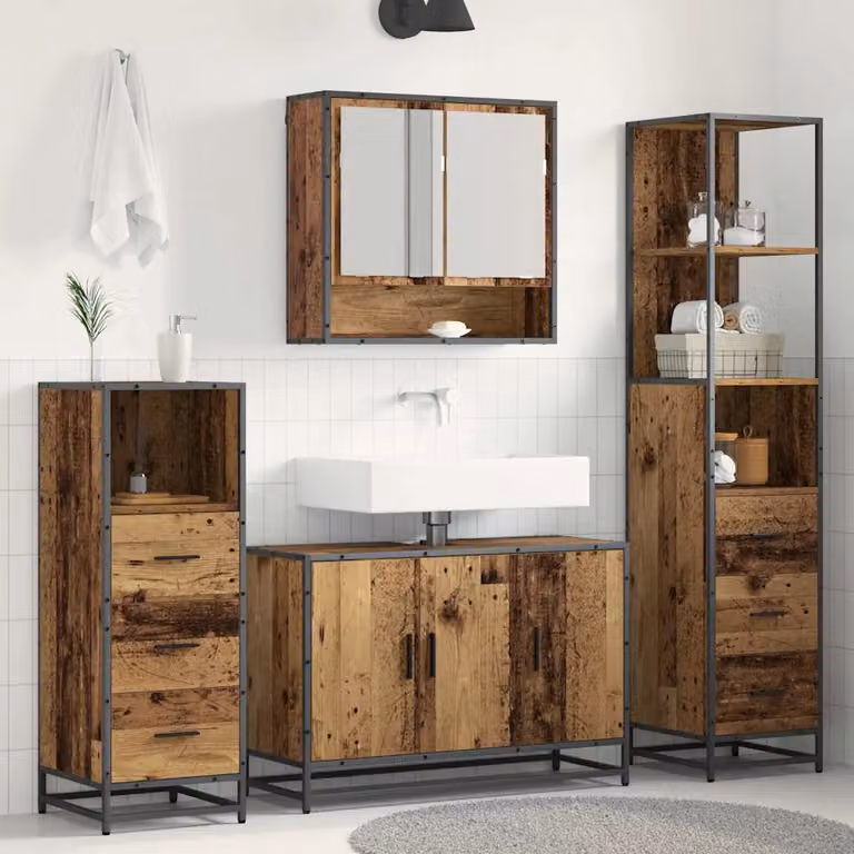Set di mobili per il bagno moderno vidaXL in legno vecchio marrone composto da armadietto con specchio, mobile lavabo e colonna alta, L/P/H: 65,5 x 35,0 x 166,0 cm