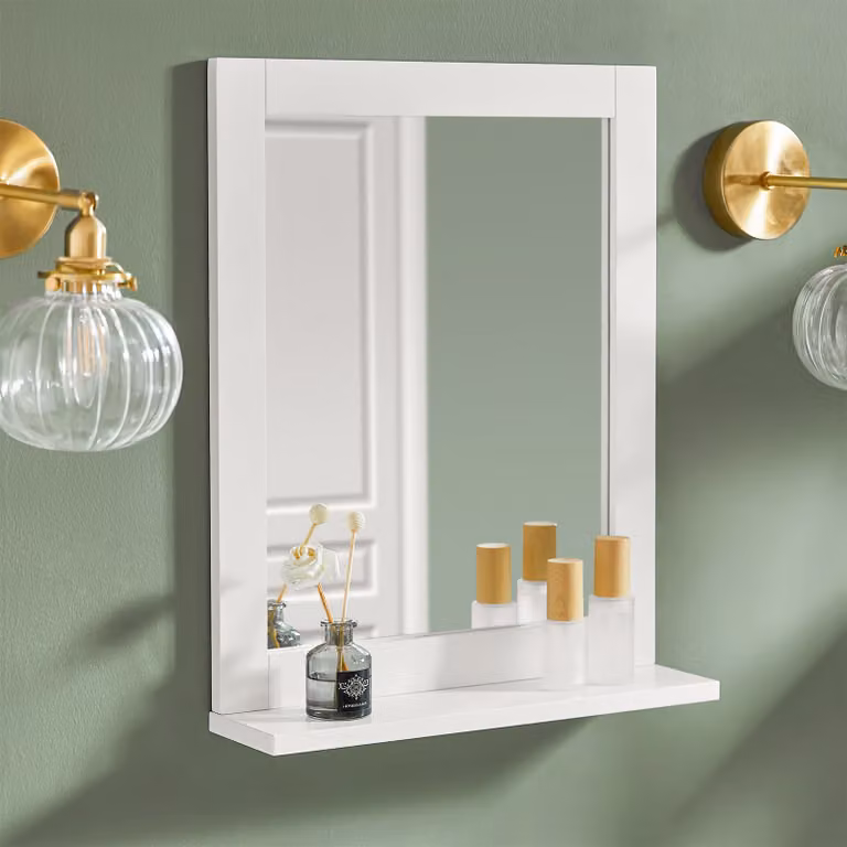 SoBuy Armadietto da bagno con specchio a parete Armadietto da bagno appeso con ripiano per il bagno Montaggio a parete Specchio da bagno Bianco 40x49x10cm FRG129-W