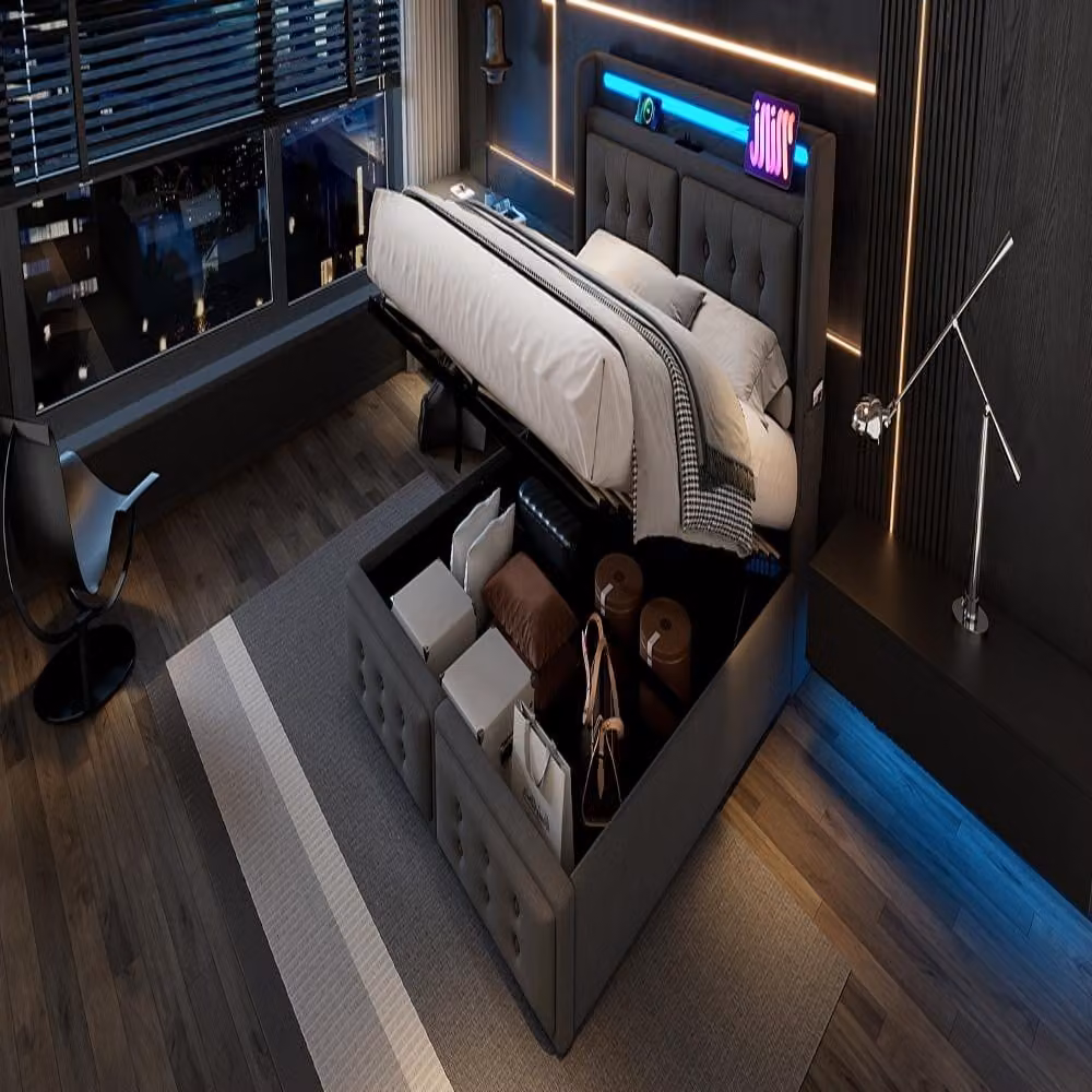 Letto imbottito 160x200 cm, grigio, in cotone, con testiera LED, funzione di ricarica USB-C e spazio contenitore per la camera da letto