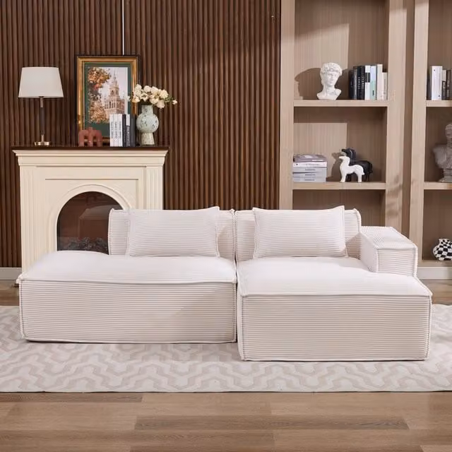 Divano moderno Mivray beige con due cuscini e imbottitura mista, L: 235 cm, P: 129 cm, H: 70 cm – 1