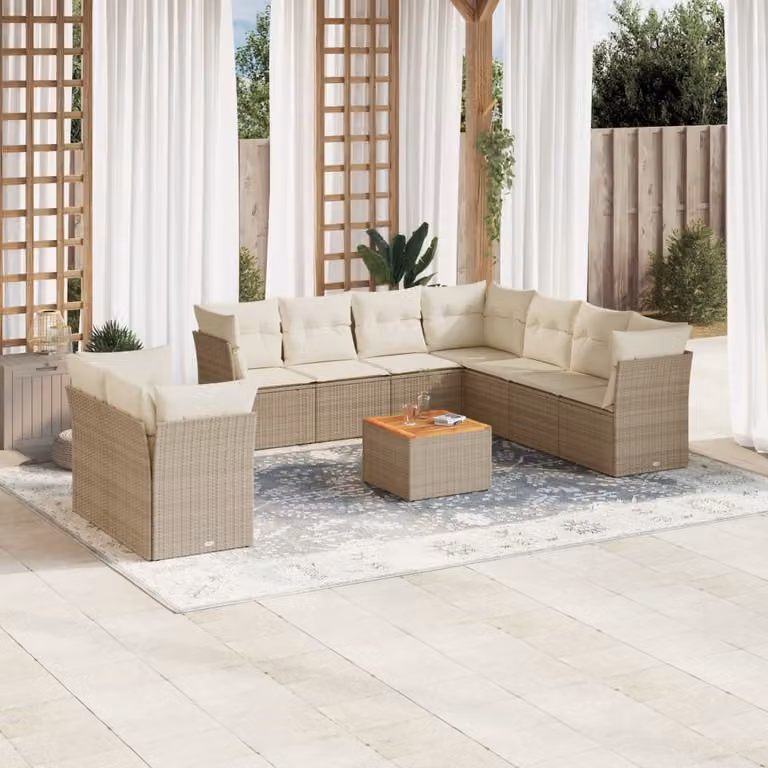 vidaXL Set Divano da Giardino a L 10 pz con Cuscini Beige e Tavolino in Polyrattan e Acciaio