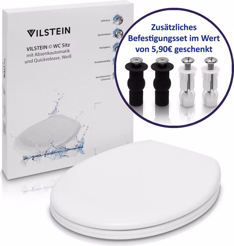 Sedile WC VILSTEIN con meccanismo soft-close I Fissaggi in acciaio inox I Termoindurente I Bianco lucido