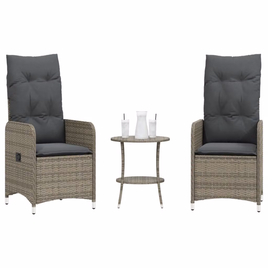 Set da giardino vidaXL composto da 2 sedie reclinabili e un tavolo rotondo in polyrattan grigio con struttura in metallo