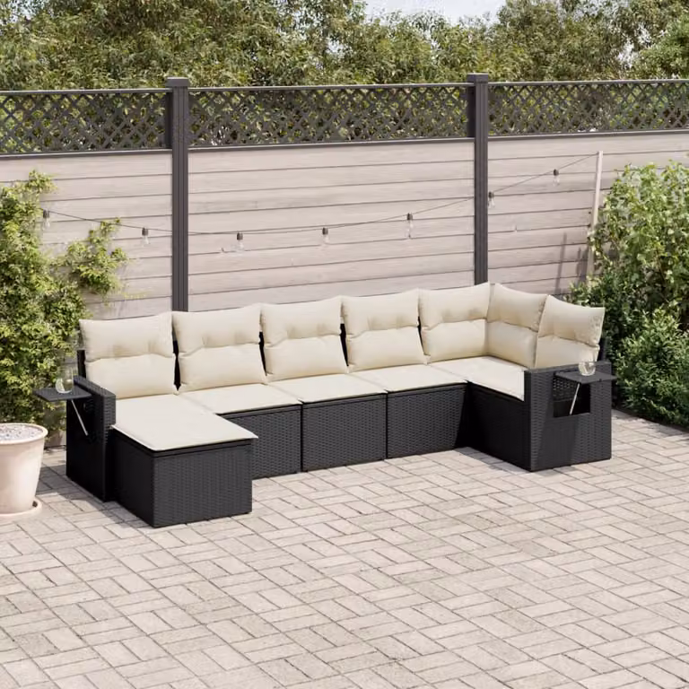 Set Divani da Giardino a L vidaXL in Polyrattan Nero con 7 Cuscini e Tavolino da Esterno