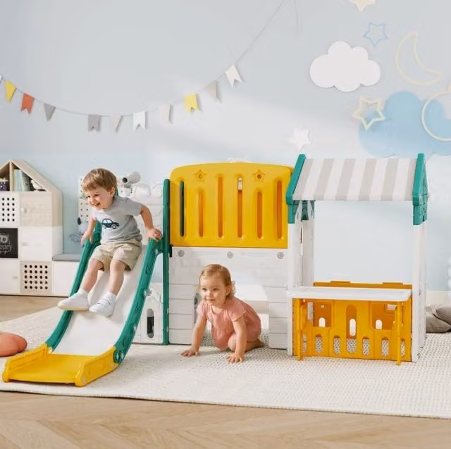 Parco giochi 7 in 1 per bambini con scivolo, casetta e canestro, giallo
