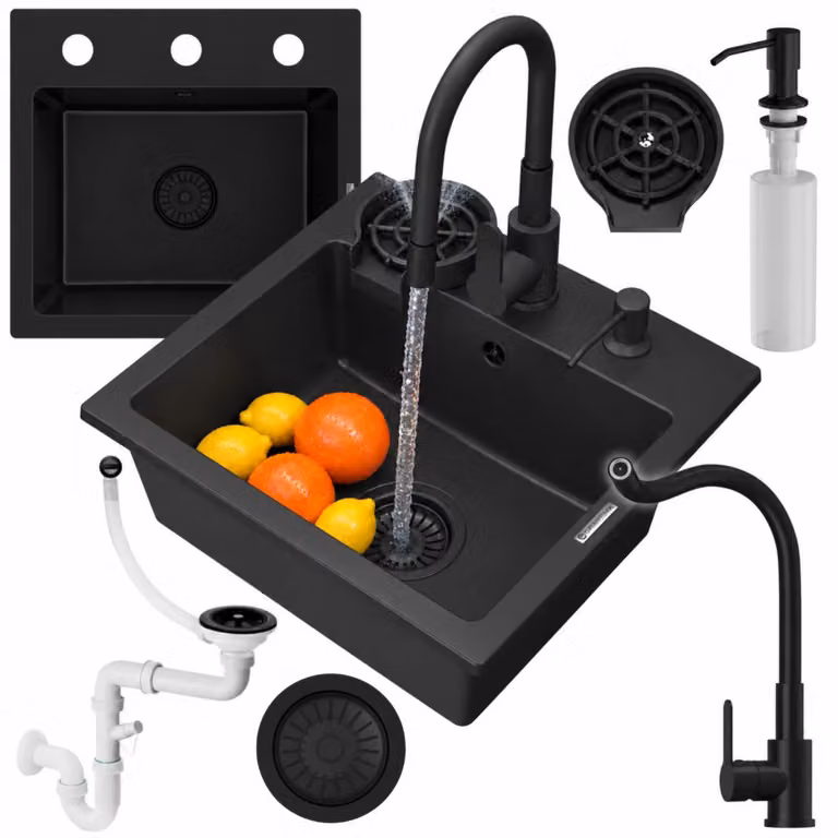 Granitan - Lavello in granito - Lavello da cucina - 44x42 cm - Nero - con rubinetteria PRESTIGE e accessori - Lavello - TEOR