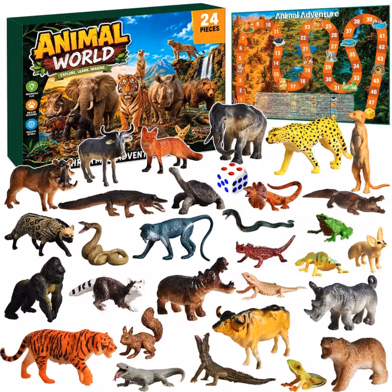 Calendario dell'Avvento 2026 con 24 figurine di animali e una carta da gioco
