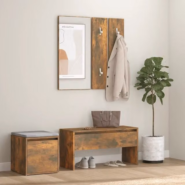 Set di mobili da corridoio moderno vidaXL in legno color rovere marrone con panca, specchio, pannello e scarpiera
