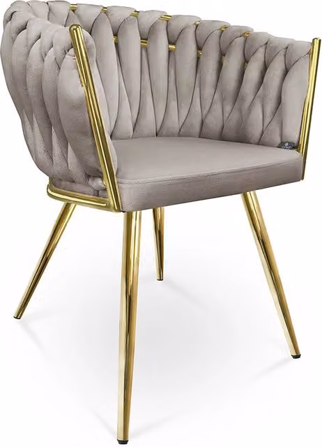 Poltrona Samira in velluto beige o grigio con struttura in metallo e braccioli, stile vintage