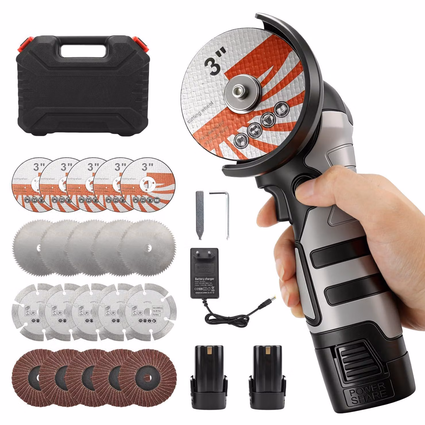 Smerigliatrice angolare compatta a batteria, 16,8 V, 2 batterie da 2000 mAh, 14.000 giri/min, lama da 75 mm