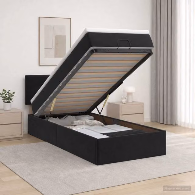 Letto ottomano con materasso vidaXL in velluto nero L: 90 cm, P: 190 cm, H: 40 cm – 1