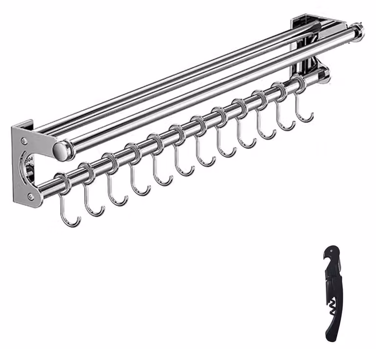 Organizzatore da parete per cucina, con barra, ganci e portautensili, argento, 60 cm