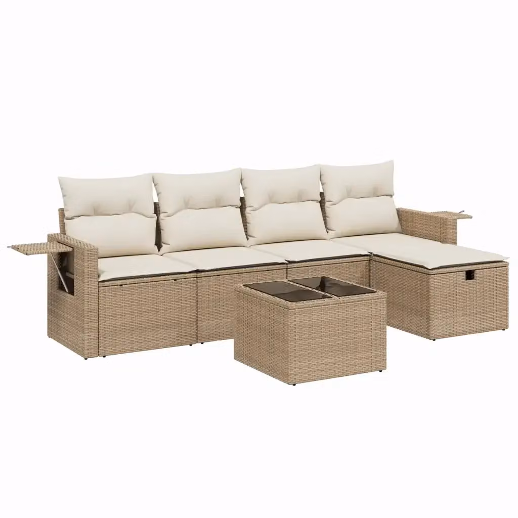 vidaXL Set Divano da Giardino a L 6 pz con Cuscini Beige e Tavolino in Vetro – 2