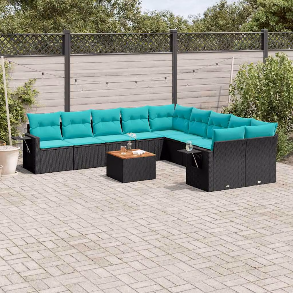 Set di divani da giardino vidaXL 11 pz in polyrattan nero con cuscini e tavolino da esterno a forma di U