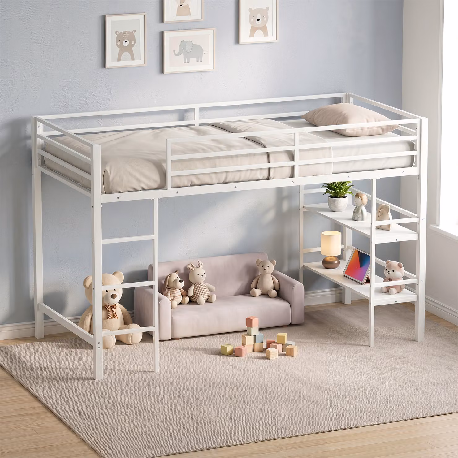 Letto a soppalco singolo in metallo Costway con ripiani portaoggetti e scala a 3 gradini, colore bianco