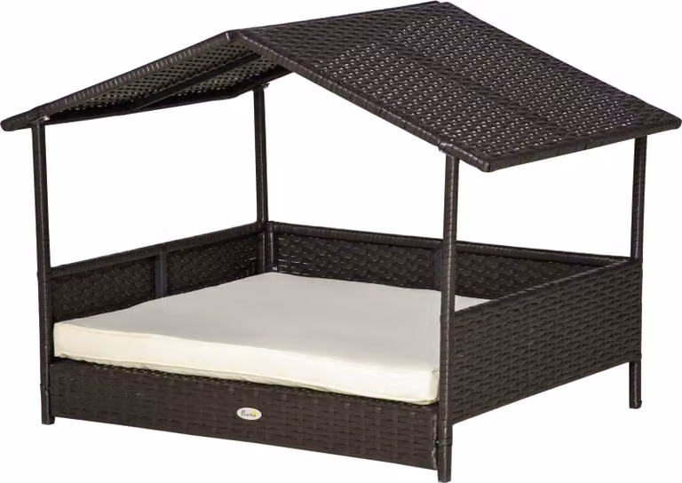 Fortuna Lai Cuccia per cani in rattan con cuscino 98 x 69 x 73 cm Cuccia per cani in formato casa Cuccia per cani da esterno con telaio in acciaio PP marrone caffè