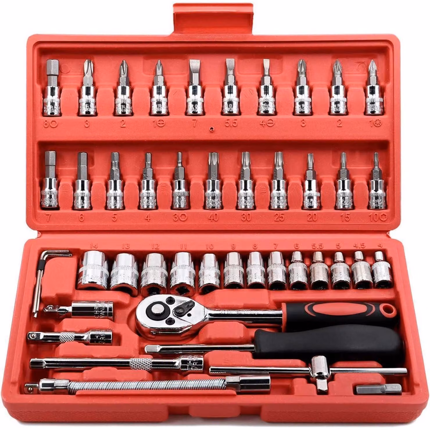 Set di chiavi a bussola da 46 pezzi, completo di chiavi a cricchetto e inserti, con sistema metrico, inclusa custodia