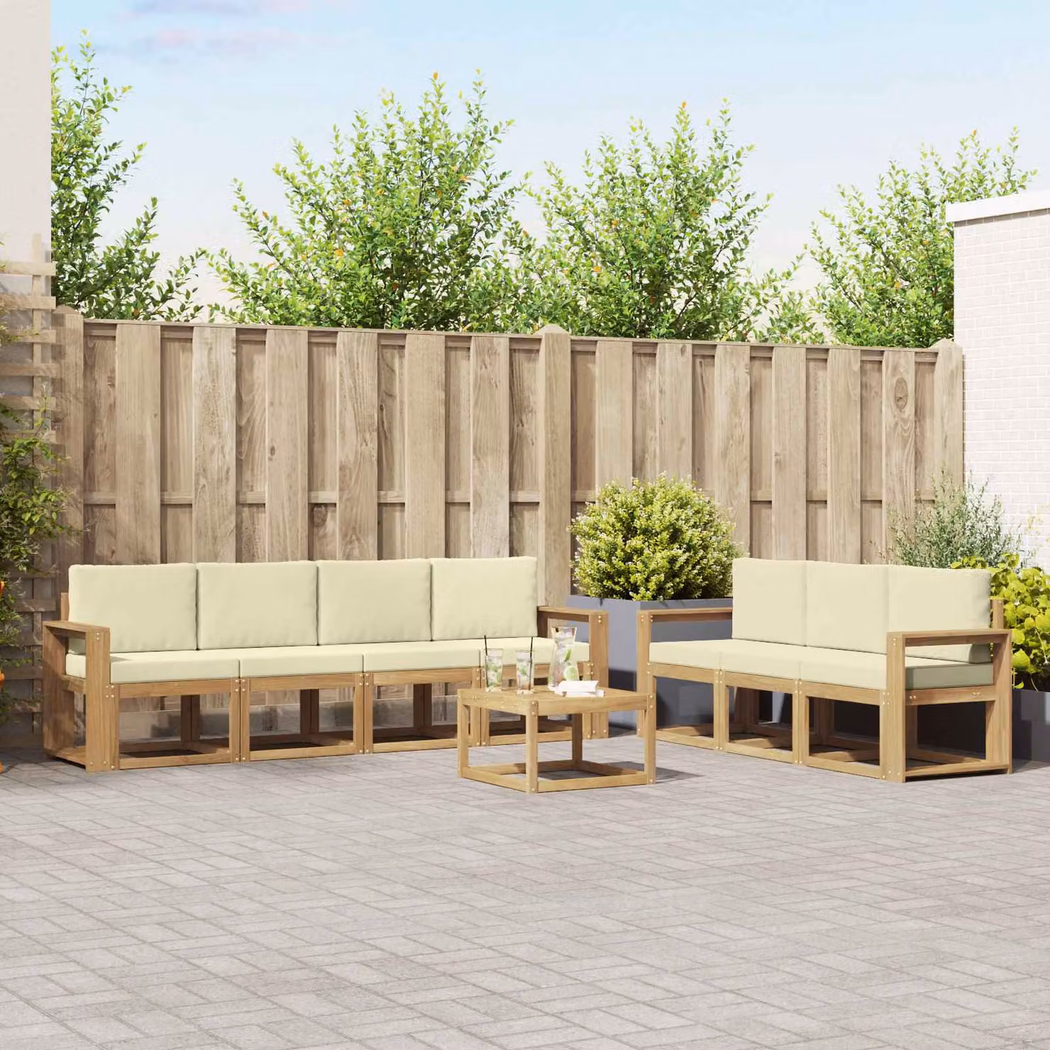 vidaXL Set di divani da esterno 7 pz in legno di acacia con cuscini beige e design a L