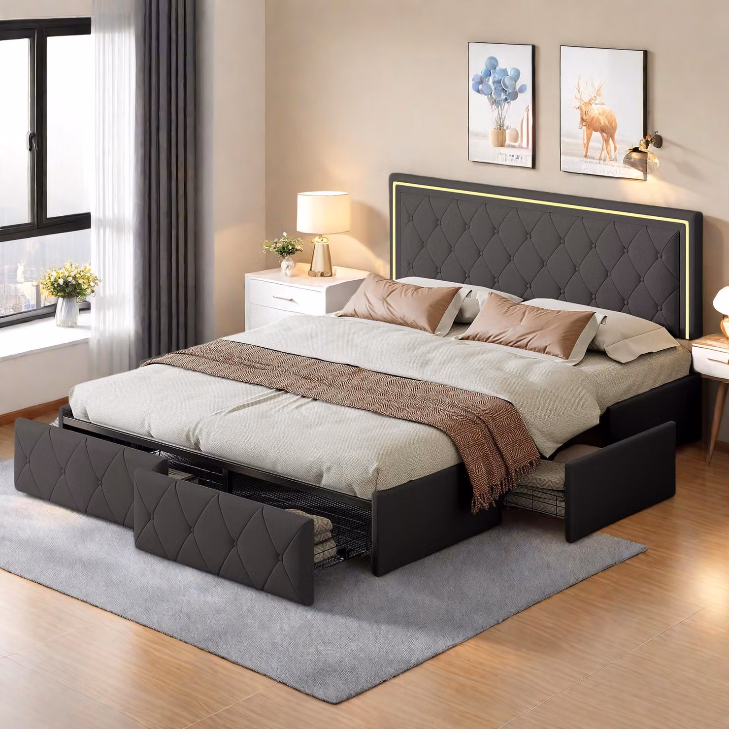 Letto imbottito Fortuna Lai 140x200 cm con LED, 4 cassetti in metallo, rivestimento in PU, rete a doghe, per ragazzi e adulti, grigio