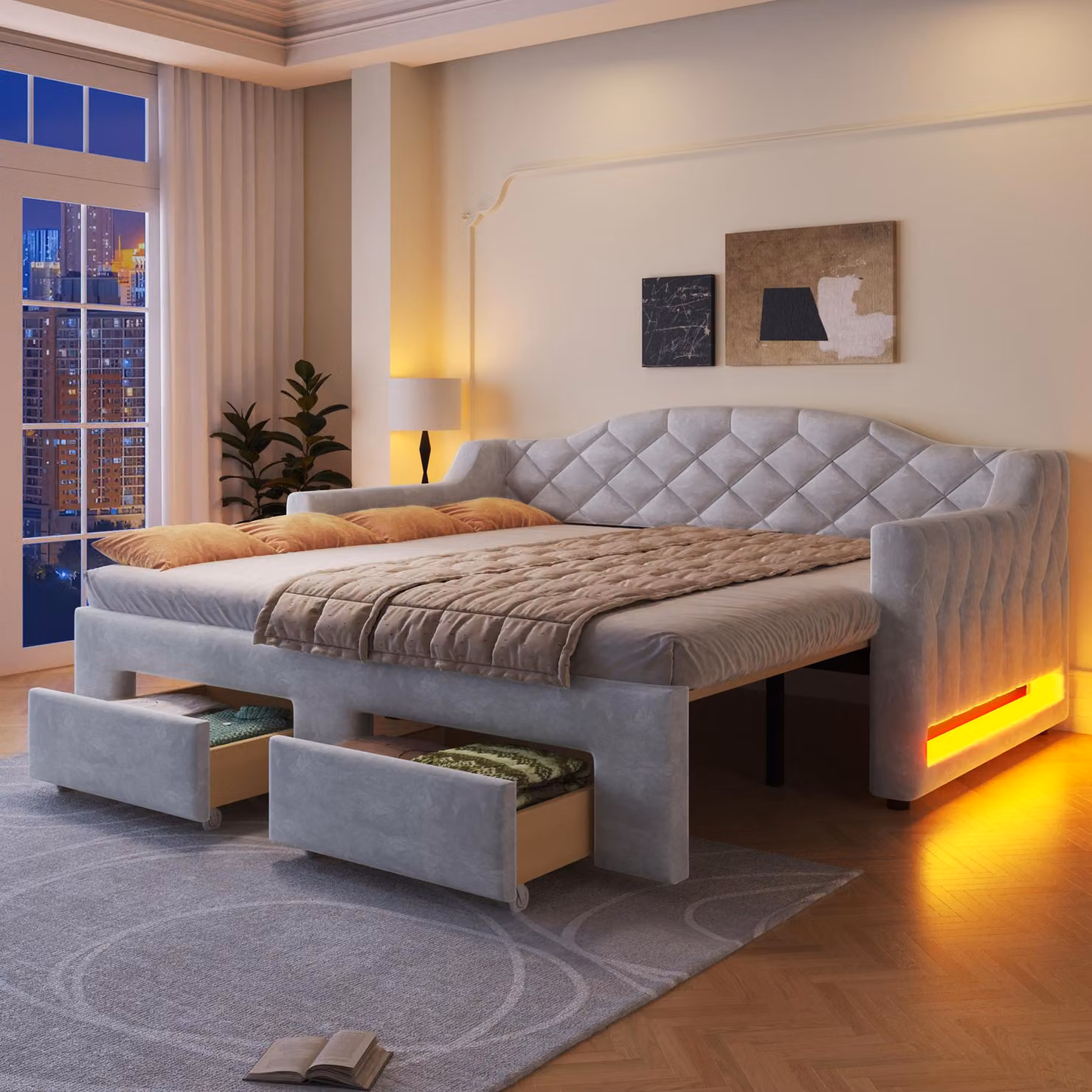 Divano letto Flieks 90x200 cm con letto estraibile, divano letto Daybed con 2 cassetti, letto imbottito per ragazzi con rivestimento in pelle, letto in legno per ospiti in velluto, grigio