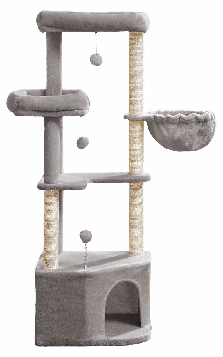 Albero per gatti con palline in peluche | Grigio tortora | 48,5 x 48,5 x 140,7 cm