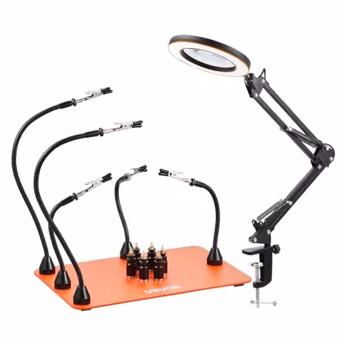 VEVOR Stazione di Saldatura Strumento Terza Mano per Saldatura con Lampada di Ingrandimento a LED 3X 5 Bracci Flessibili, 6 Supporti per PCB, Supporto per Riparazioni Elettroniche Fai da te