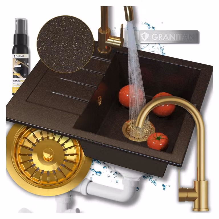 Granitan - Lavello in granito - Lavandino 57,4x47 cm - Lavello marrone-oro - con sifone - MILANO