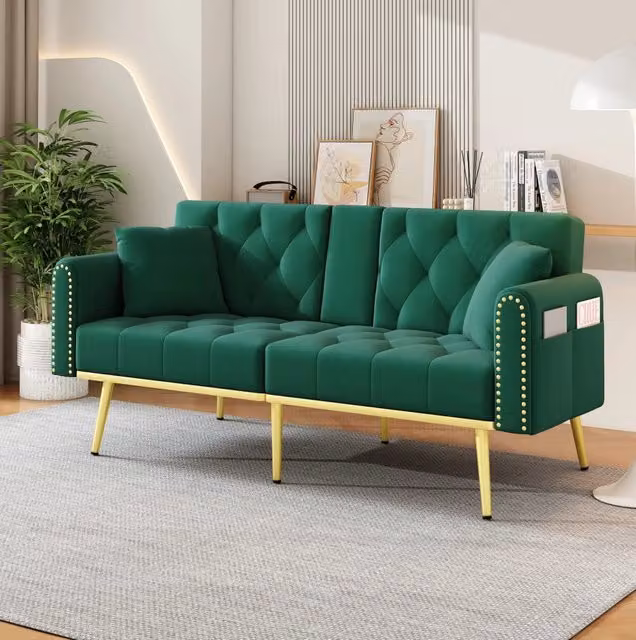 Divano letto 175x80x73.5 cm con schienale reclinabile in velluto verde