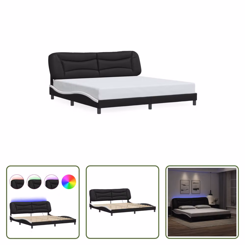 The Living Store Struttura letto con LED bianco e nero 200x200 cm in ecopelle