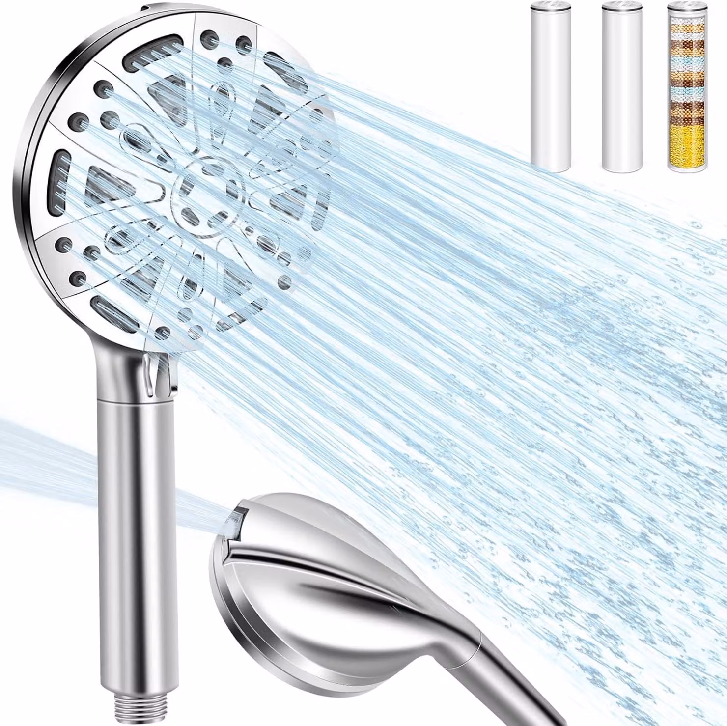 Doccia con filtro a 15 stadi, 10 tipi di getto, a risparmio idrico, color argento, per uso domestico