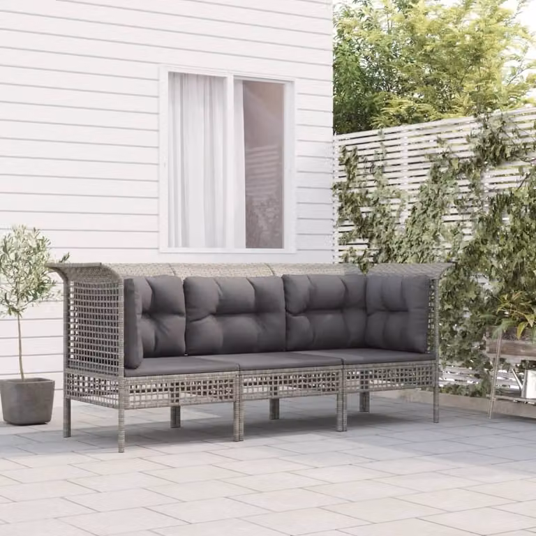 The Living Store Set di 3 pezzi da giardino con cuscini in poly rattan grigio