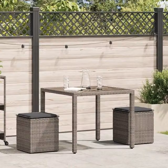 Set di 2 sgabelli da giardino vidaXL in polyrattan grigio con cuscini L/P/H: 40 x 40 x 43 cm