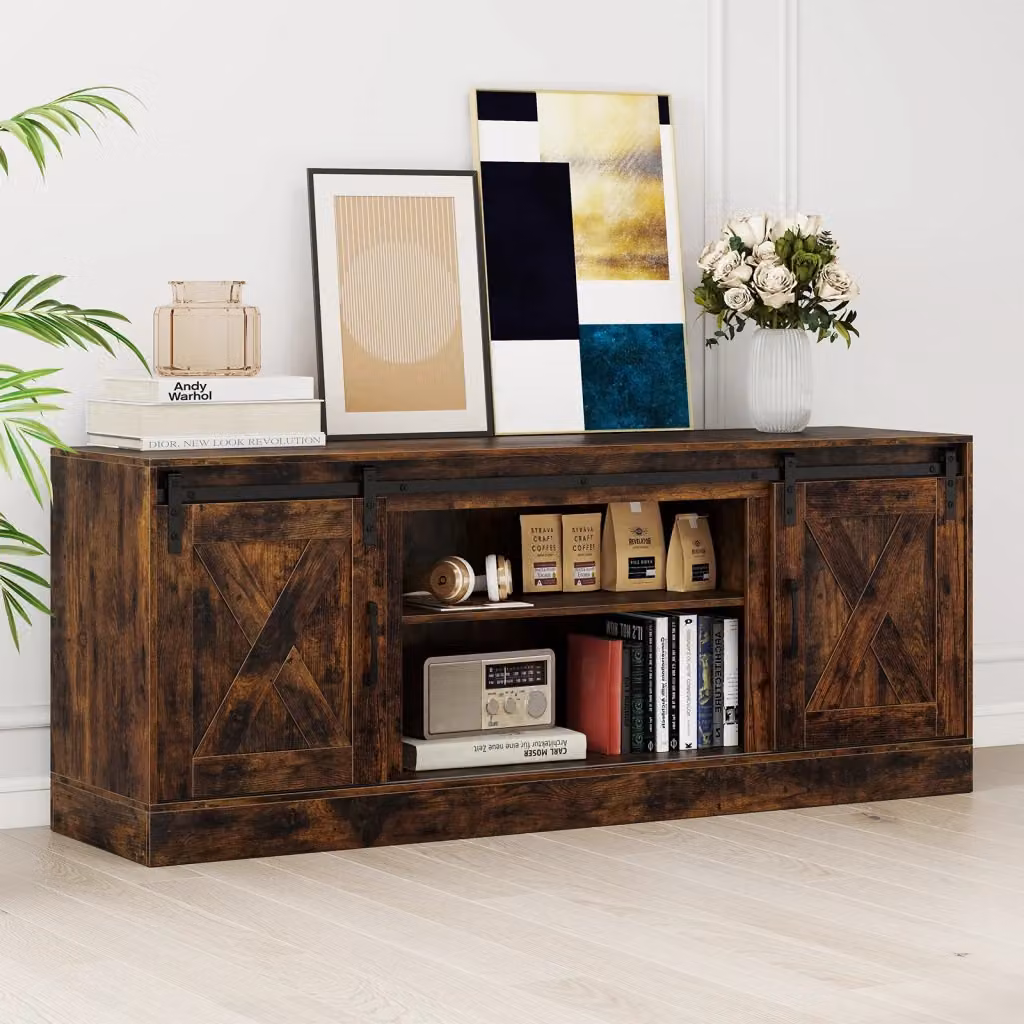 Mobile porta TV DESIGN IN in stile rustico in legno marrone con porte scorrevoli e ripiani regolabili, Larghezza: 150 cm – 2