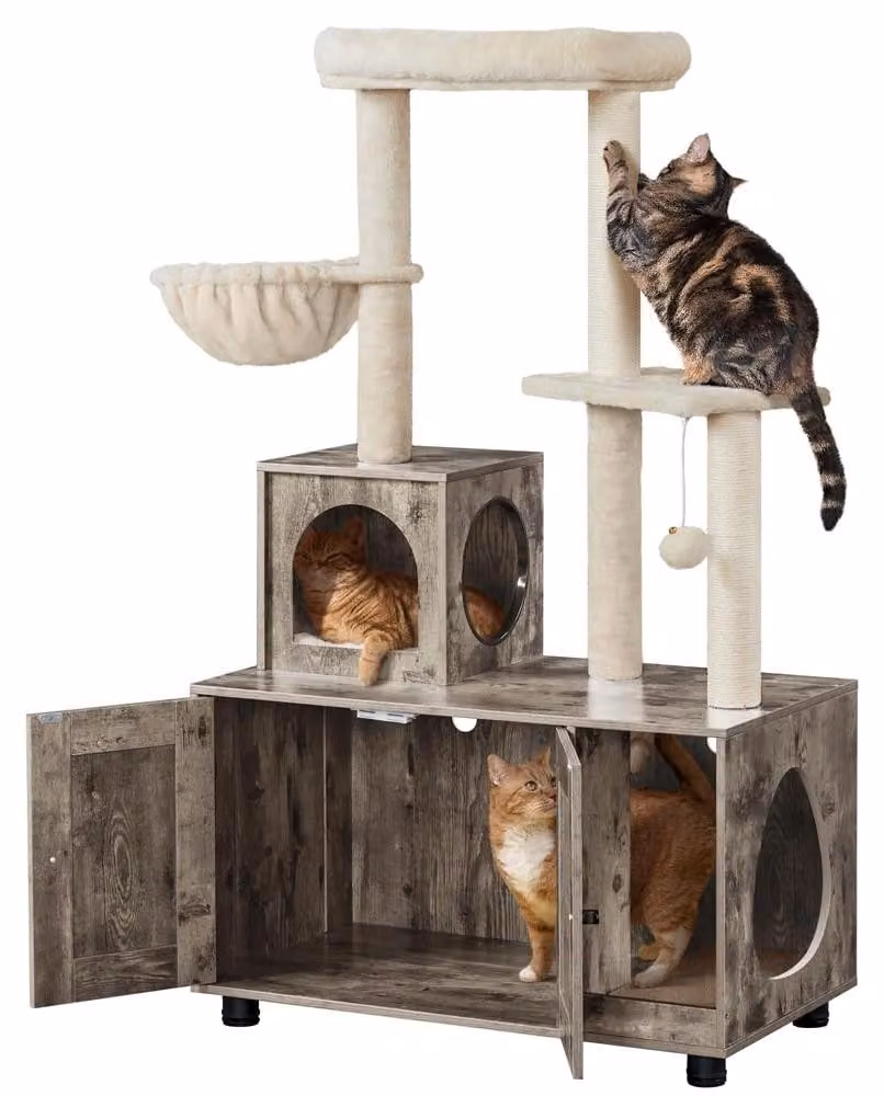 Albero per gatti Yaheetech con armadietto per la lettiera, altezza 134,5 cm, albero per graffiare multifunzione