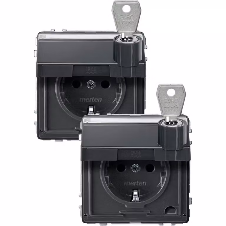 Presa SCHUKO con coperchio ribaltabile e sigillo di sicurezza, con interruttore a 2 poli BRS, StK, antracite, AQUADES.