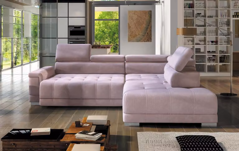 Divano ad angolo a forma di L, divano componibile, divano ad angolo, design moderno, divano in tessuto, colore rosa