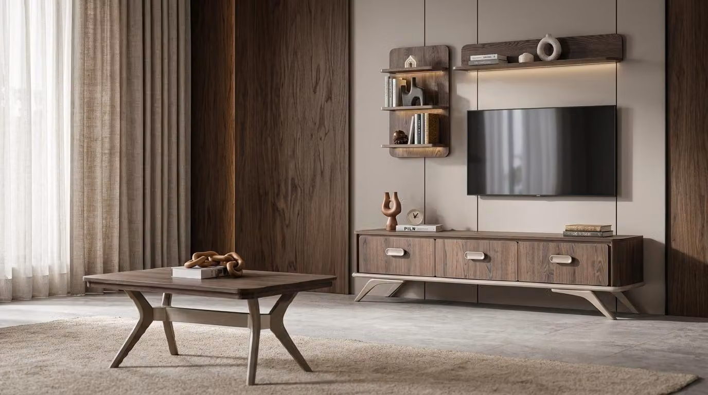 Mobile TV a parete, pensile, scaffale, stile moderno, colore marrone, forma rettangolare, pratico