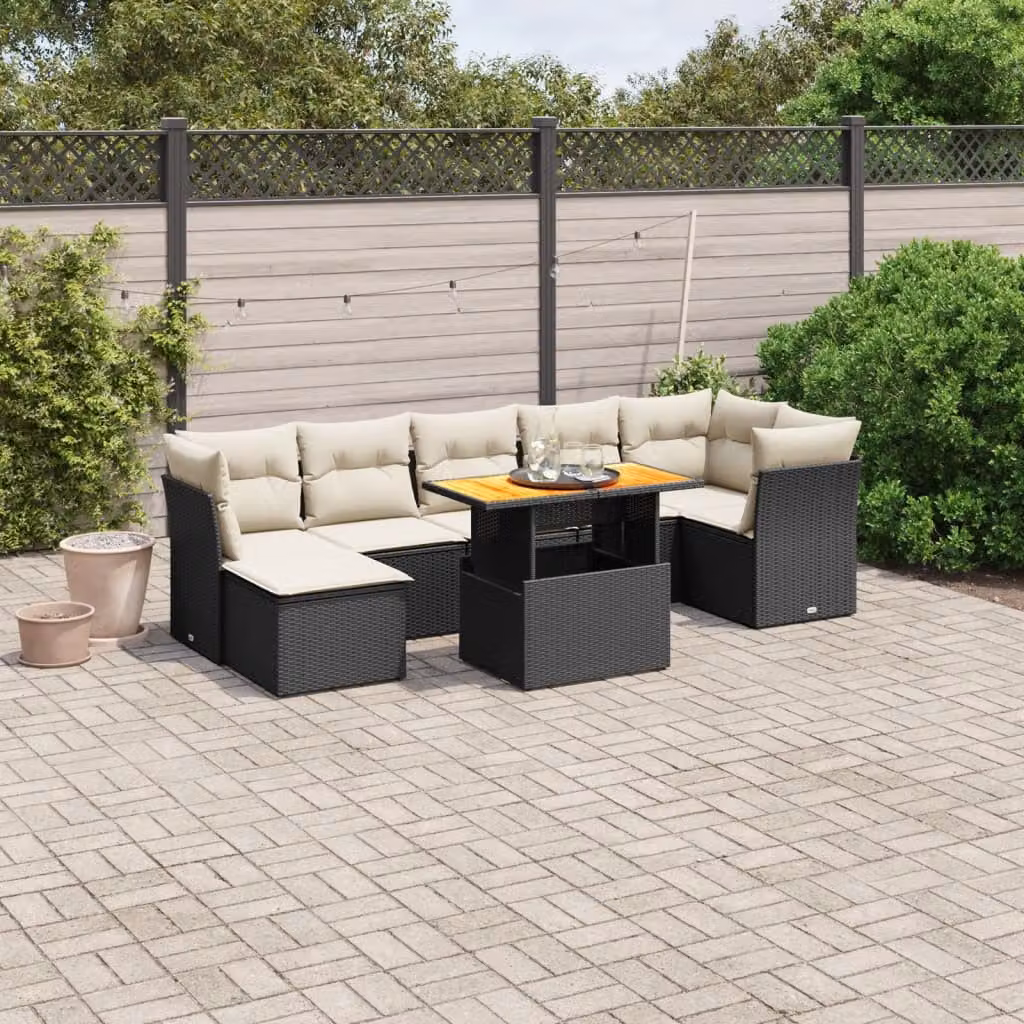 vidaXL Set Divani da Giardino a L in Polyrattan Nero con Cuscini e Tavolino da 8 Pezzi – 1