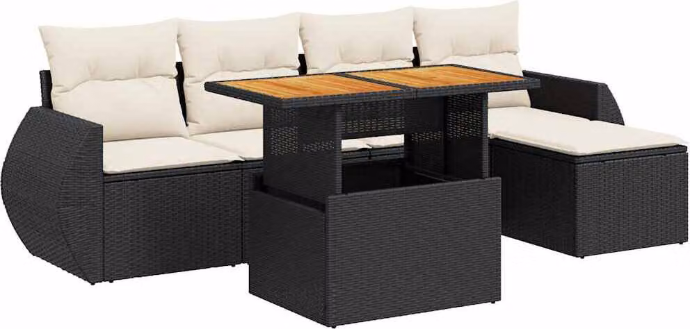 Set Divano da Giardino 6 pz con Cuscini Nero in Polyrattan