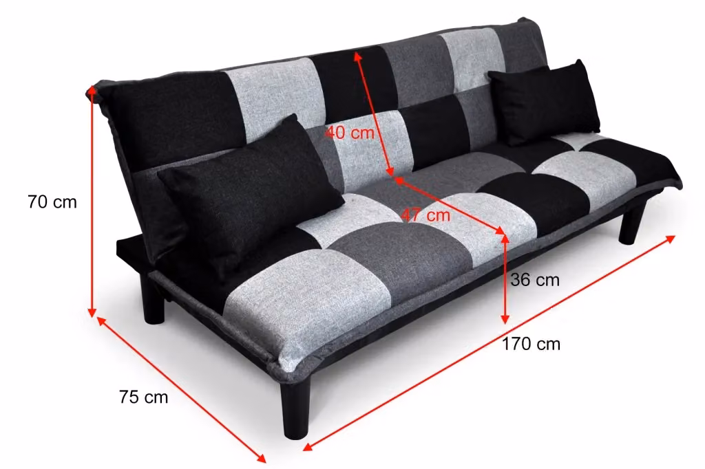 Divano letto clic clac Russell SAMIRA in tessuto grigio e nero con cuscini inclusi, L/P/H: 190 x 90 x 75 cm – 2