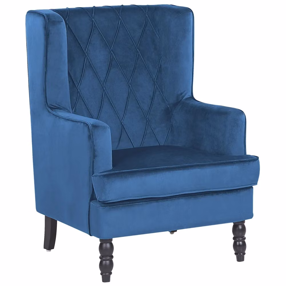 Poltrona con Poggiapiedi BELIANI in Velluto Blu con Gambe in Legno di Gomma Stile Wingback L 103 cm, P 72 cm, H 62 cm – 2