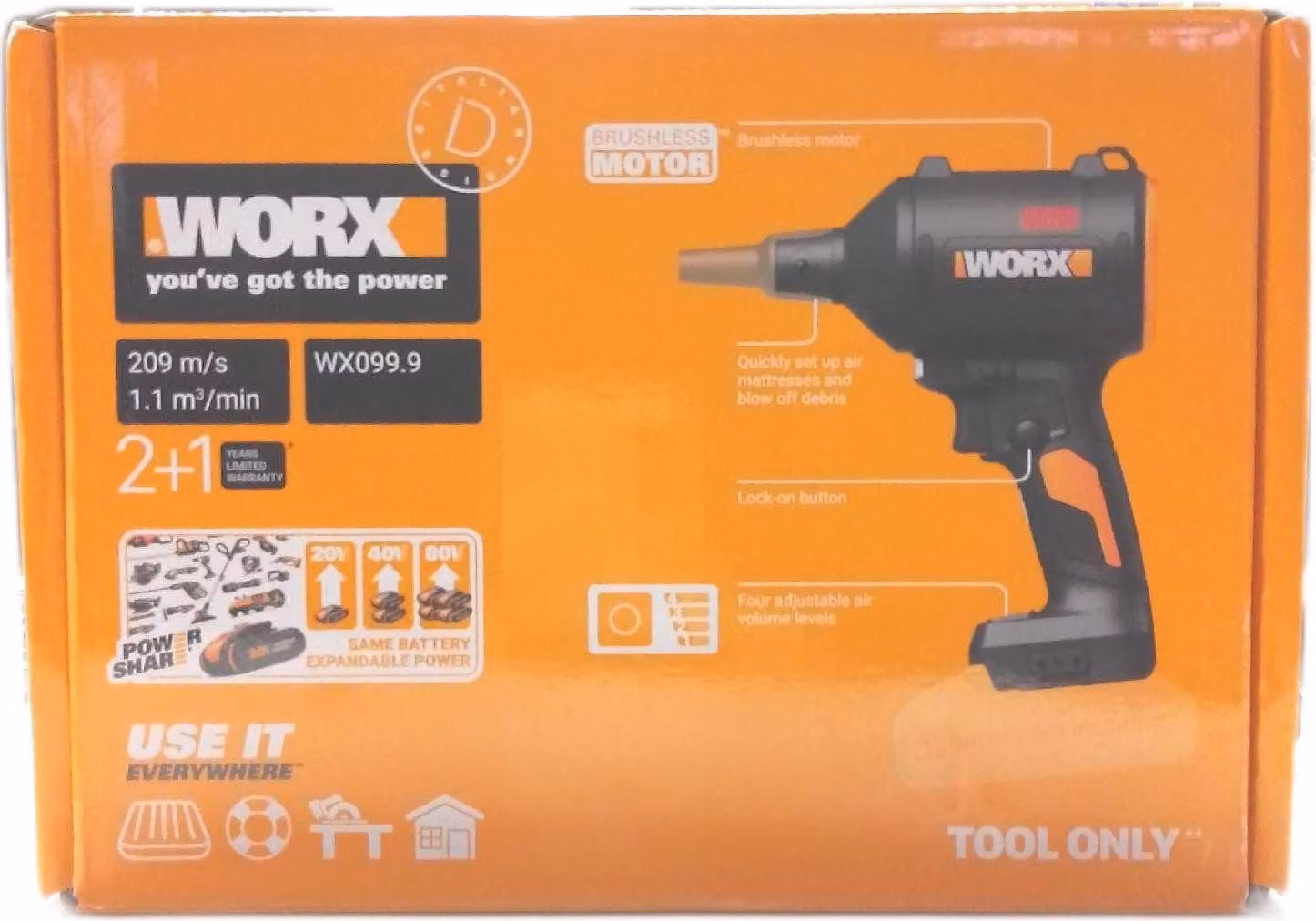 Soffiatore a batteria WORX con motore brushless, soffiatore d'aria elettrico per la cura del giardino