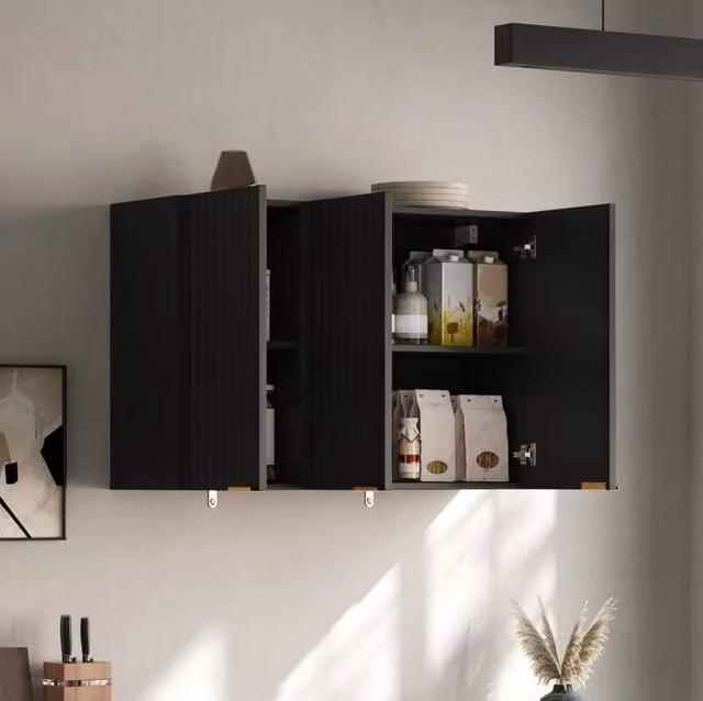 Pensile 90x29x60 cm in MDF nero, 3 ante, salvaspazio per cucina –
