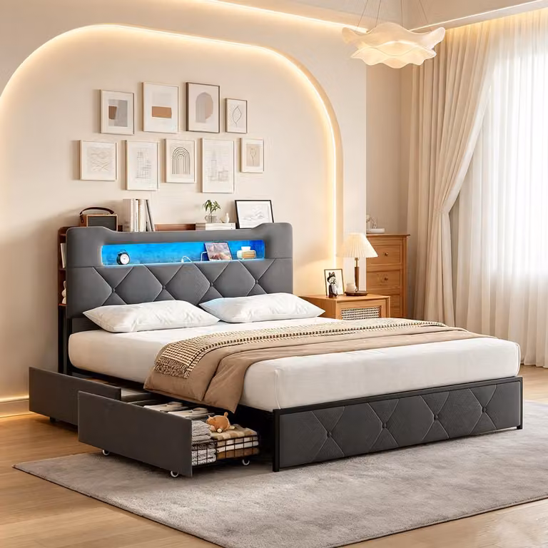 Letto matrimoniale 160 x 200 cm con LED e USB, imbottito con 4 cassetti, letto imbottito con ampio spazio contenitivo, struttura del letto, letto per ragazzi, grigio